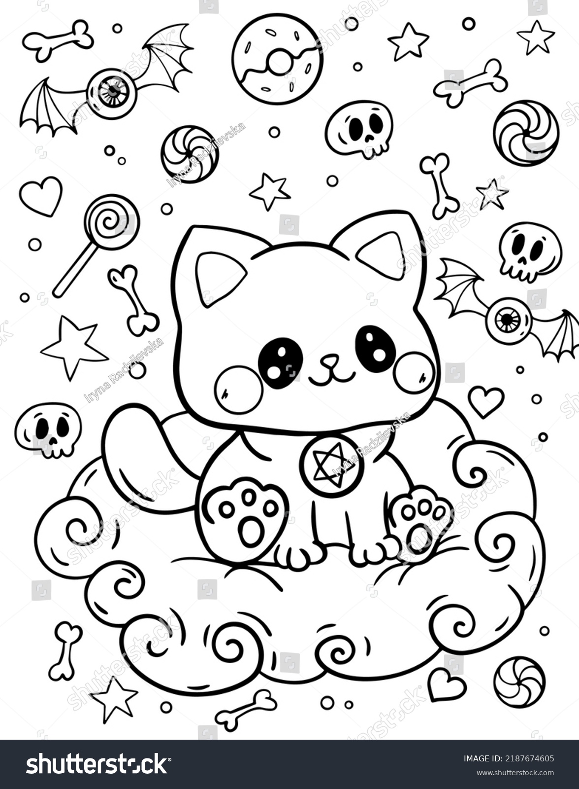 Kawaii Coloring Page Cat Sitting Clouds Stock Vector (Royalty Free ...