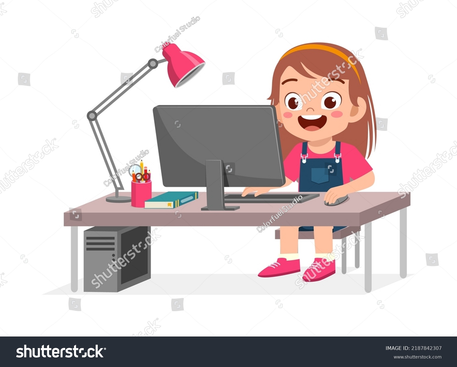 Cute Little Kid Use Computer Study Stock Vector (Royalty Free ...