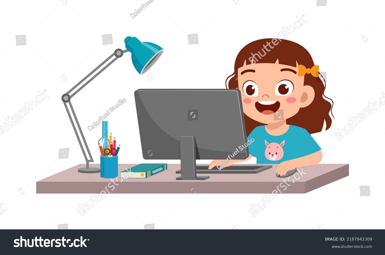 Cute Little Kid Use Computer Study Stock Vector (Royalty Free ...