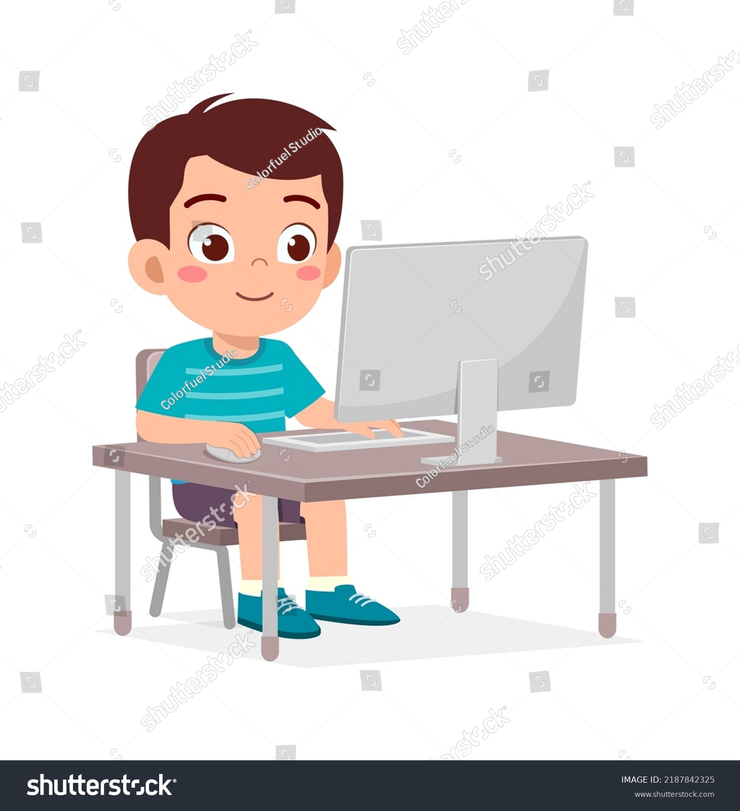 Cute Little Kid Use Computer Study Stock Vector (Royalty Free ...