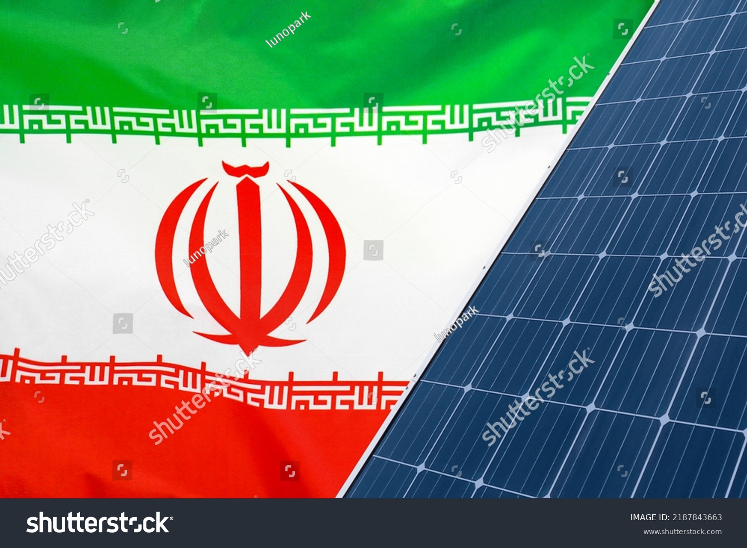 Solar Panels Against Flag Iran Background Stock Photo 2187843663