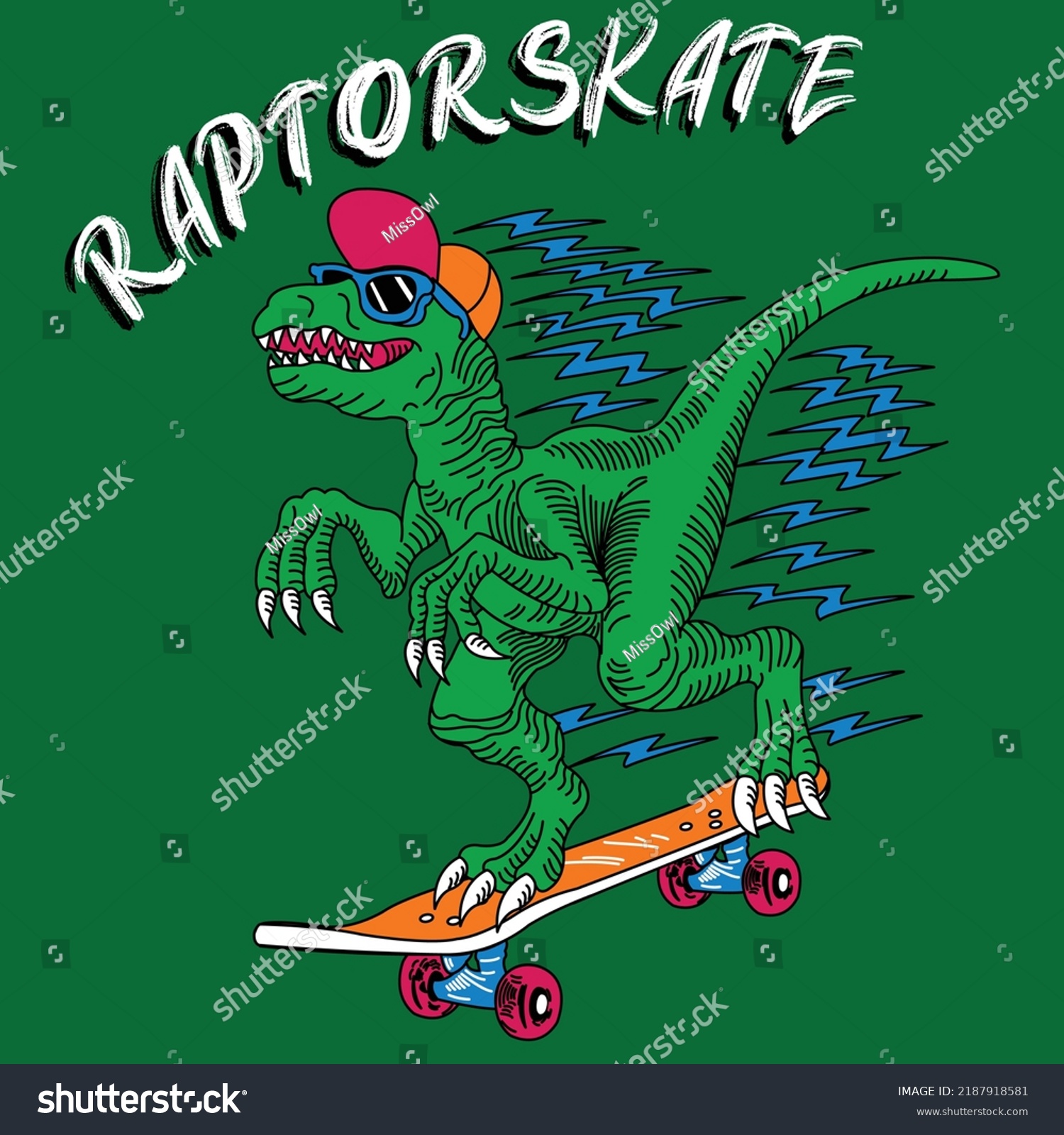 Velociraptor Glasses Cap On Skateboard Lightning Stock Vector (Royalty ...