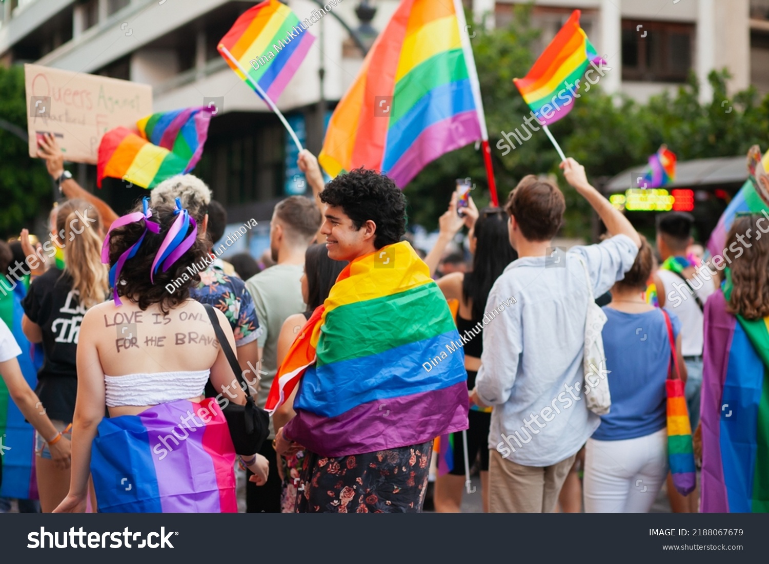 Real Diverse People Walking Rainbow Flags Stock Photo 2188067679 ...