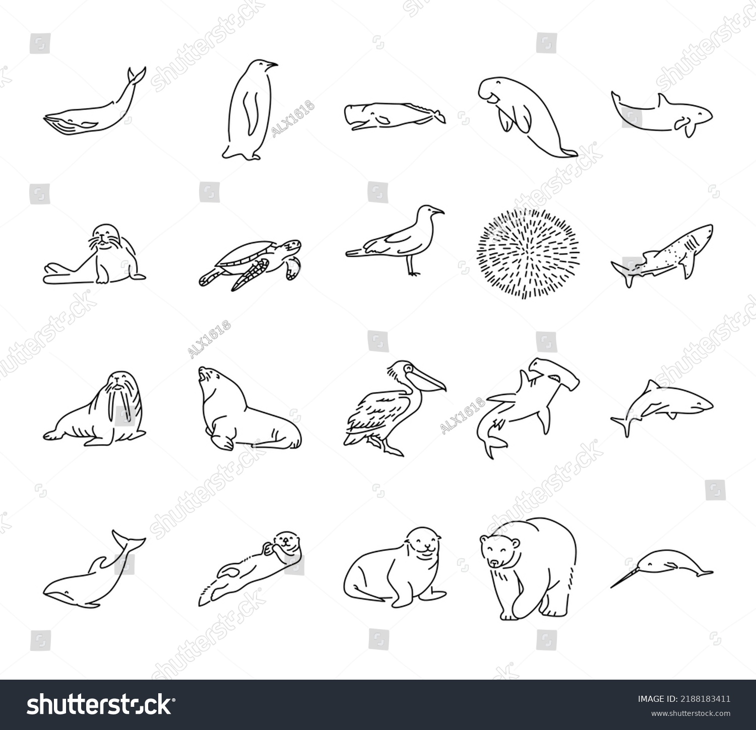 Sea Animals Line Icons Set Isolated Stock Vector (Royalty Free ...