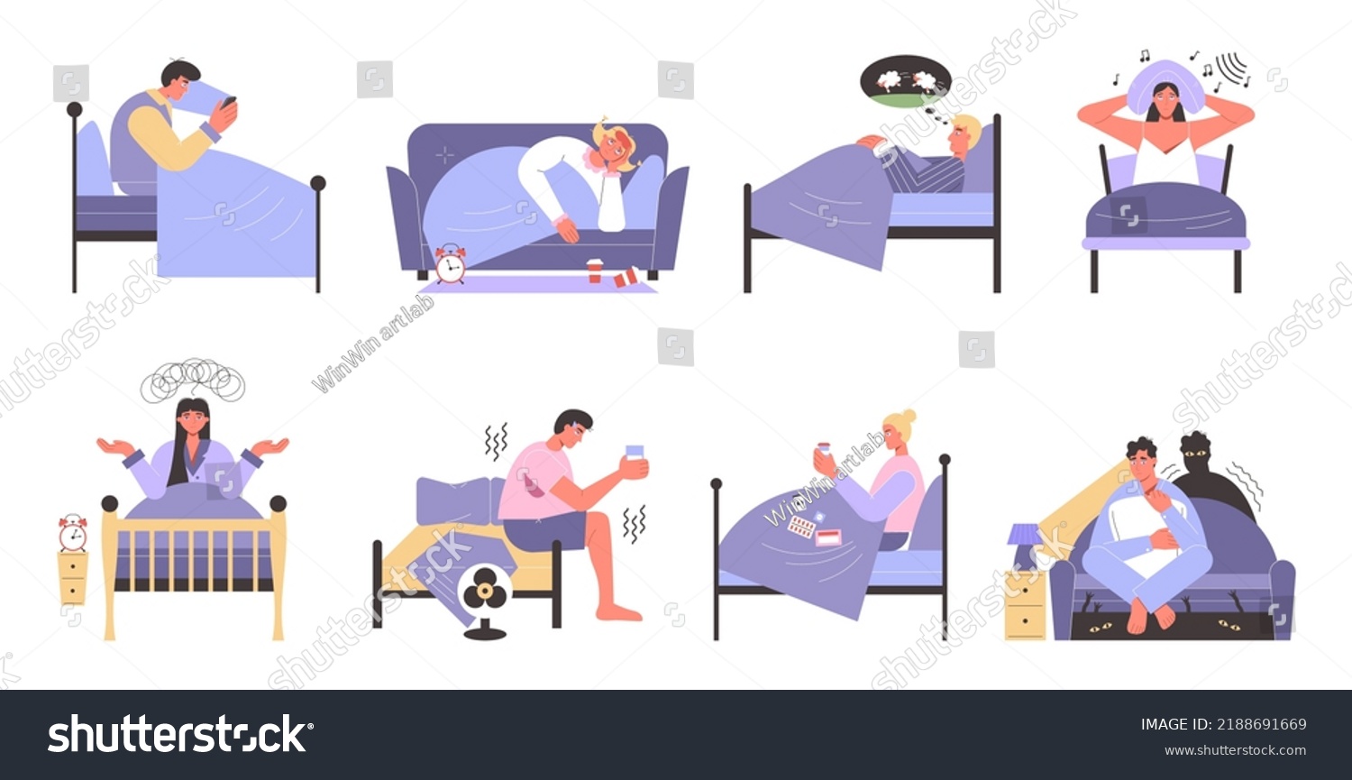 People Cant Sleep Bed Sleepless Characters Stock Vector (Royalty Free ...