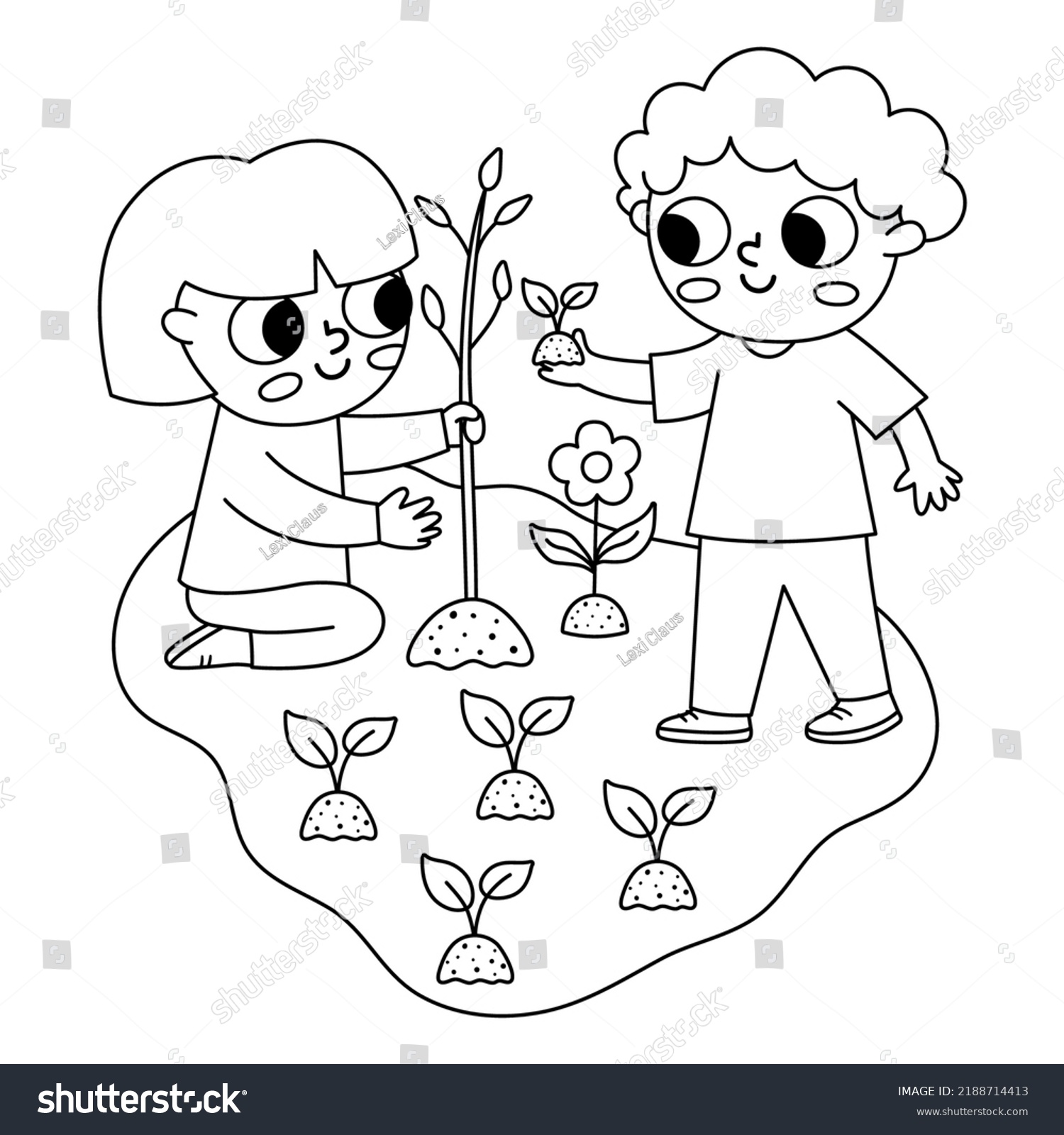 Black White Girl Boy Planting Tree Stock Vector (Royalty Free ...