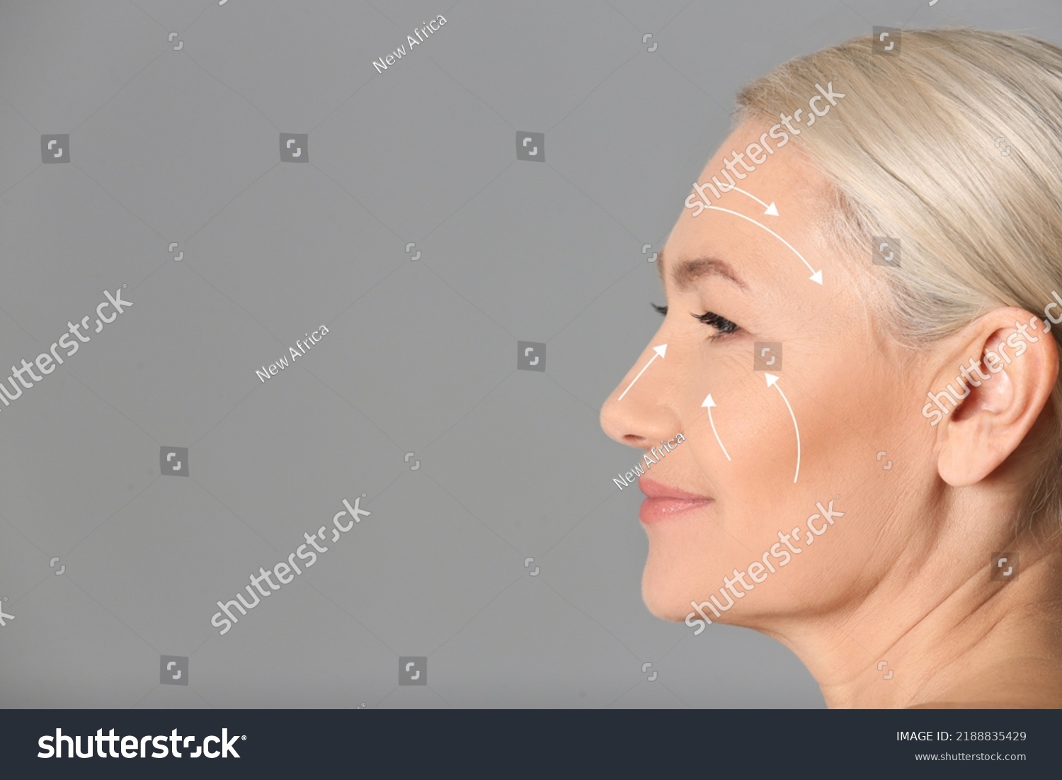 Beautiful Mature Woman After Facelift Cosmetic Stock Photo 2188835429   Stock Photo Beautiful Mature Woman After Facelift Cosmetic Surgery Procedure On Grey Background Space For Text 2188835429 