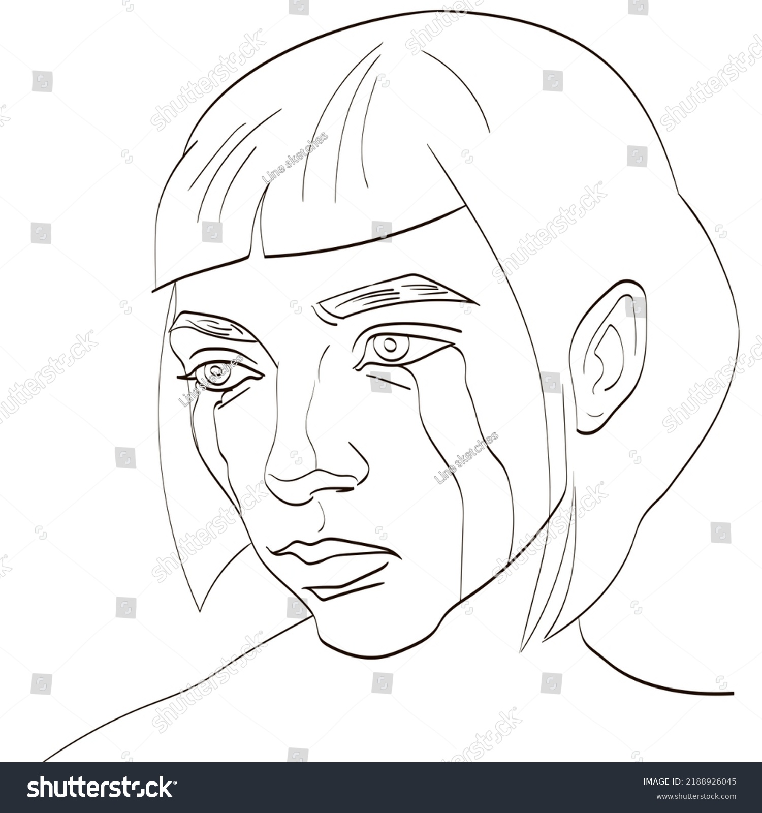 Linear Portrait Crying Girl Contour Coloring Stock Illustration ...