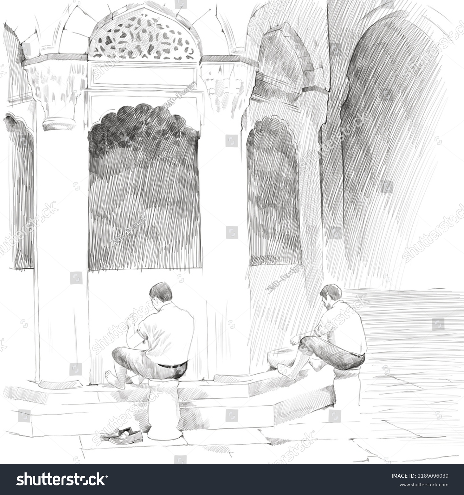 Muslims Performing Ablution Shadirvan Charcoal Drawing Stock ...