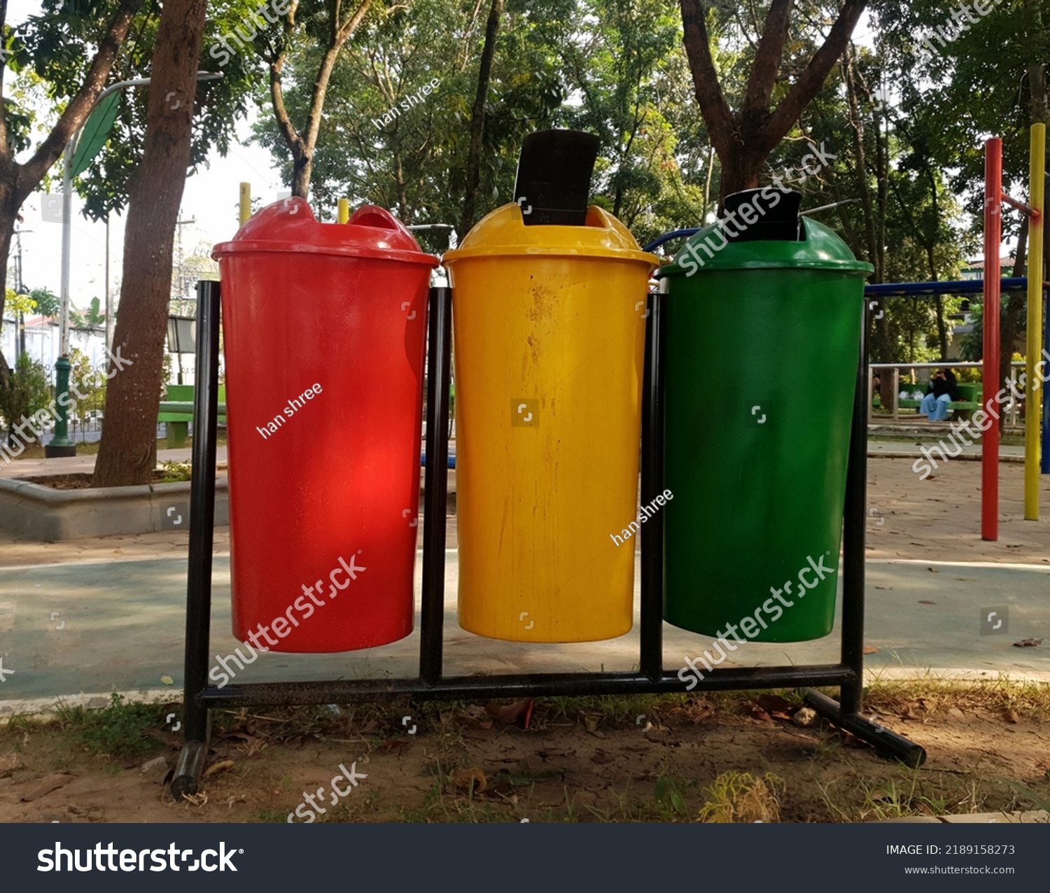 Different Colored Trash Cans Park Separate Stock Photo 2189158273