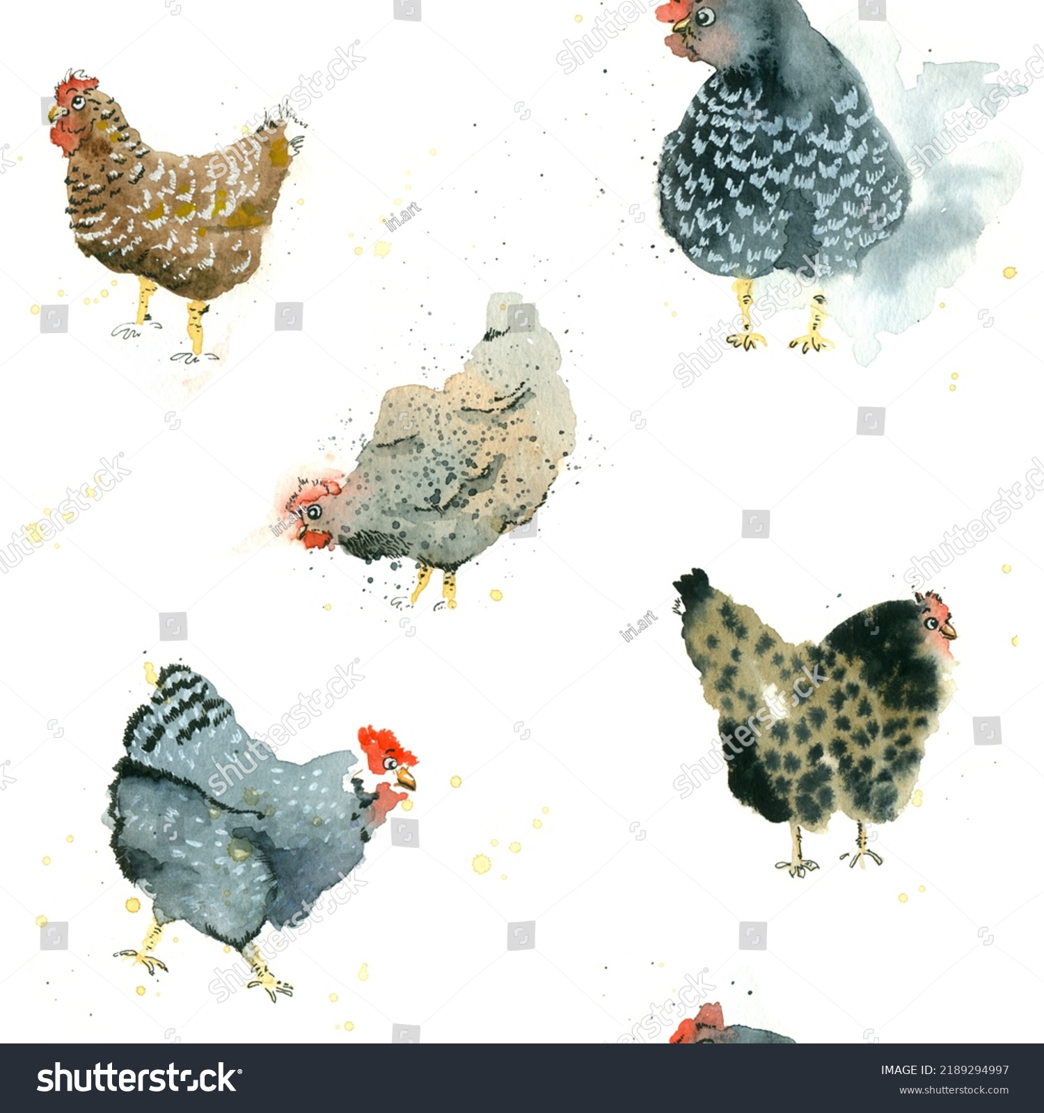 Cute Chicken Watercolor Seamless Patternof Cartoon Stock Illustration