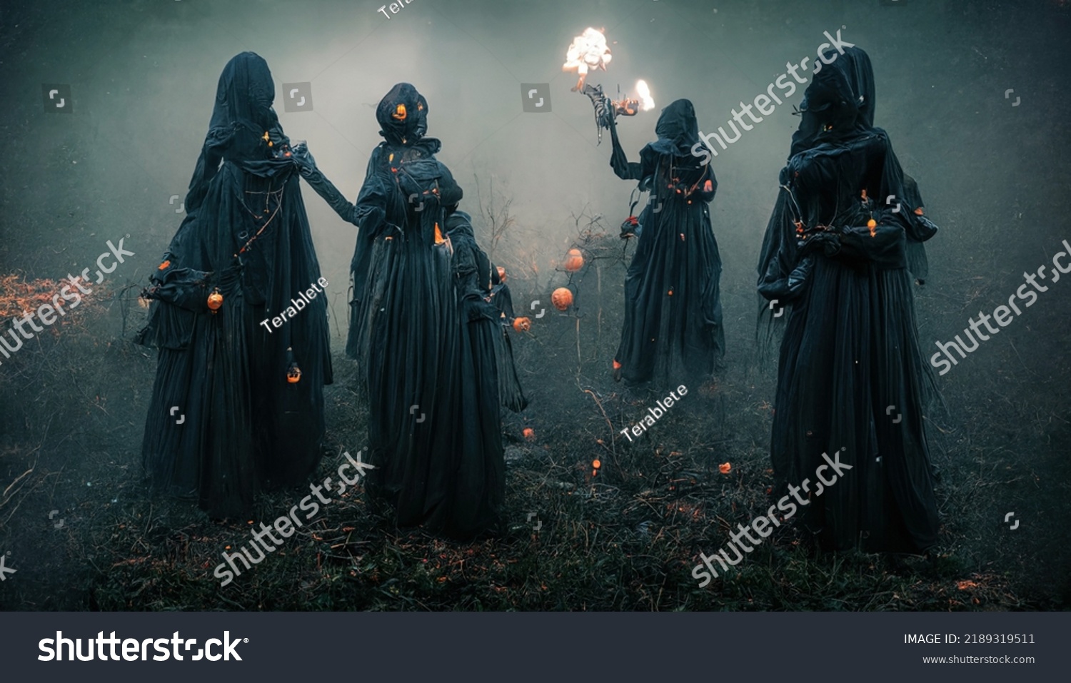 Gloomy Dramatic Background Witches Black Cloaks Stock Illustration ...