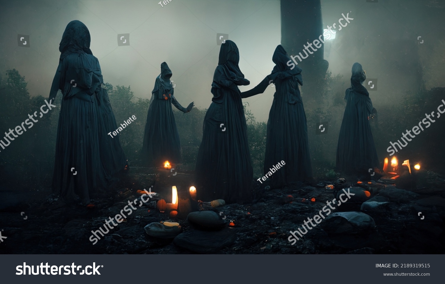 Gloomy Dramatic Background Witches Black Cloaks Stock Illustration ...