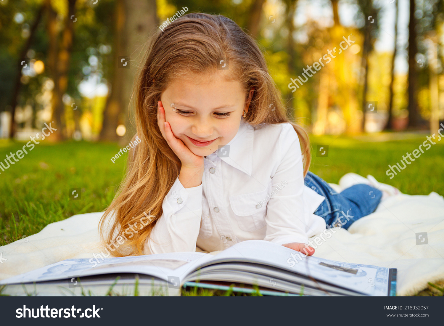 Pretty Little Girl Reading Book Park Stock Photo 218932057 