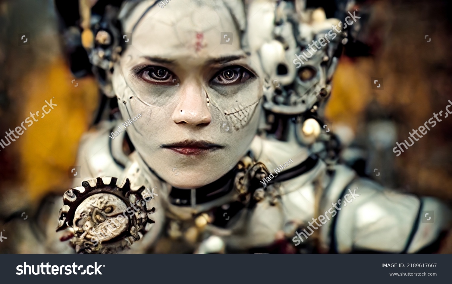 Scary Robot Woman Android Metal Mechanisms Stock Illustration