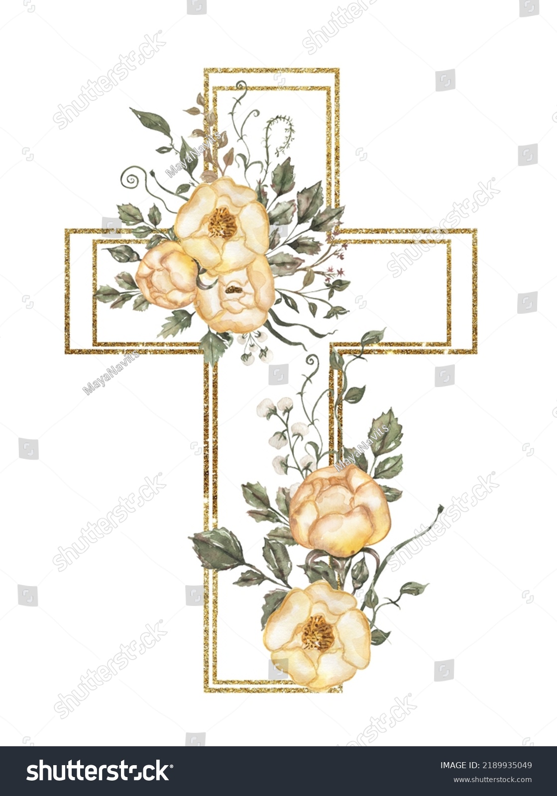 Watercolor Hand Painted Floral Cross Golden Stock Illustration ...