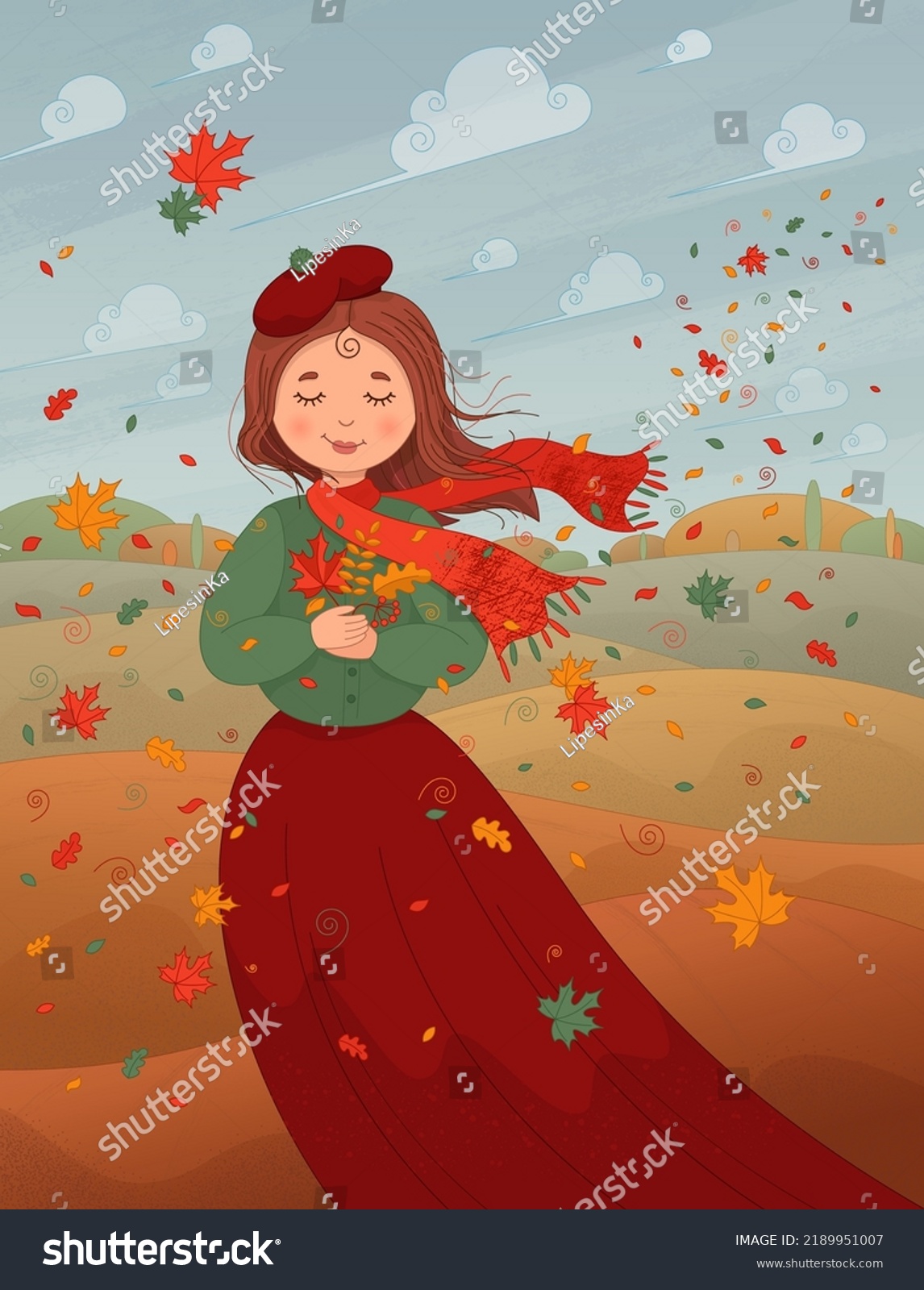Cute Girl Autumn Leaves Character Vector Stock Vector (Royalty Free ...