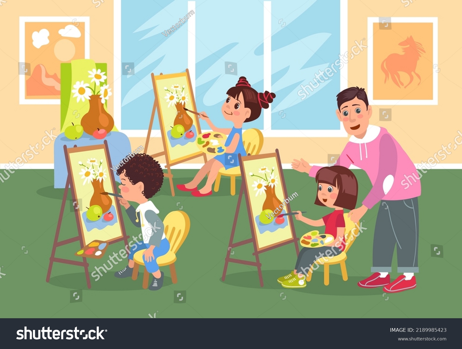 Children Painting Teacher Little Students Art Stock Vector (Royalty ...