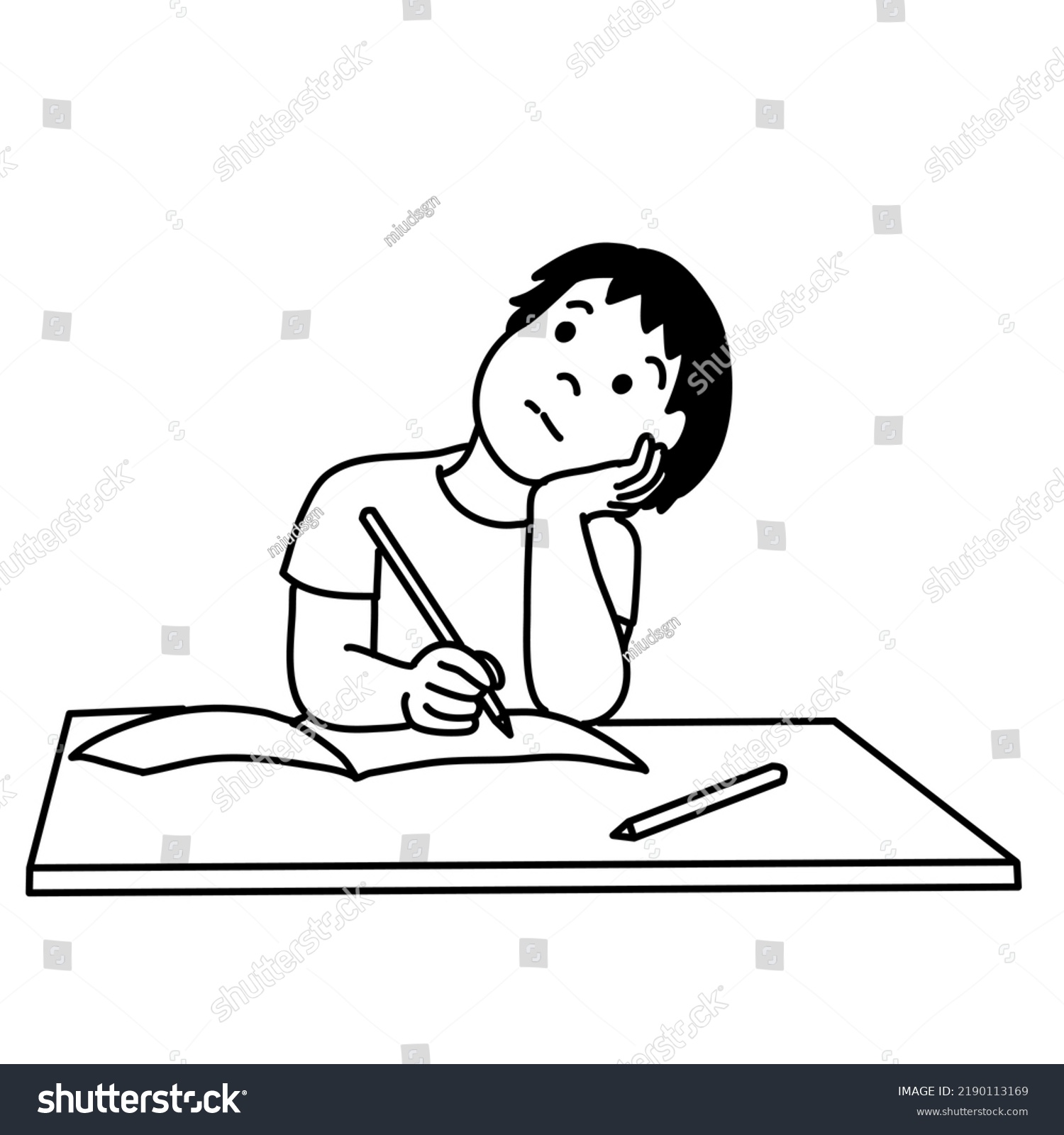 Boy Thinking While Studying Doing Homework Stock Vector (Royalty Free ...