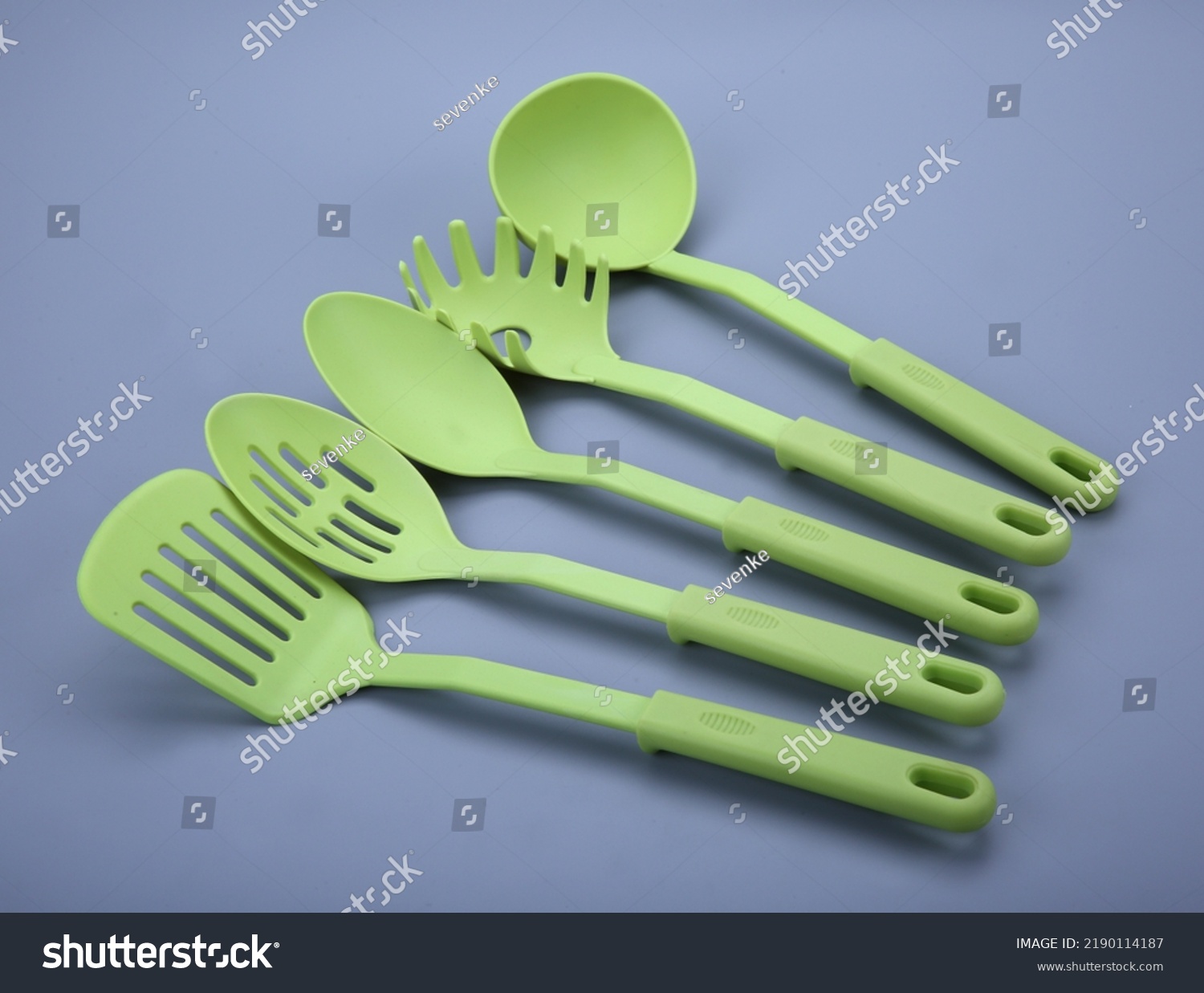 Set Green Plastic Kitchen Utensils Isolated Stock Photo 2190114187