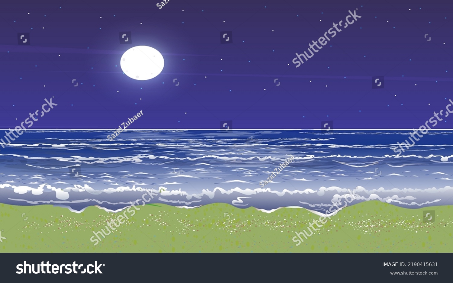 Sea Beach Night Time Landscape Glowing Stock Vector (Royalty Free ...