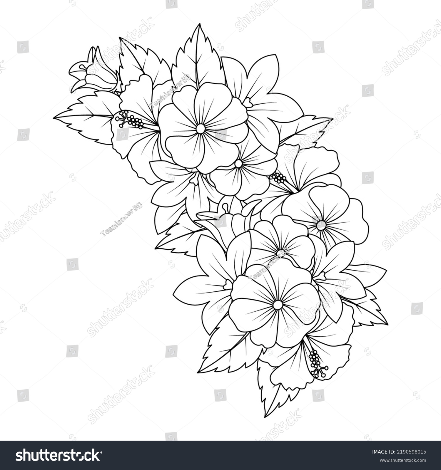 Hibiscus Flower Coloring Page Detailed Line Stock Vector (Royalty Free ...