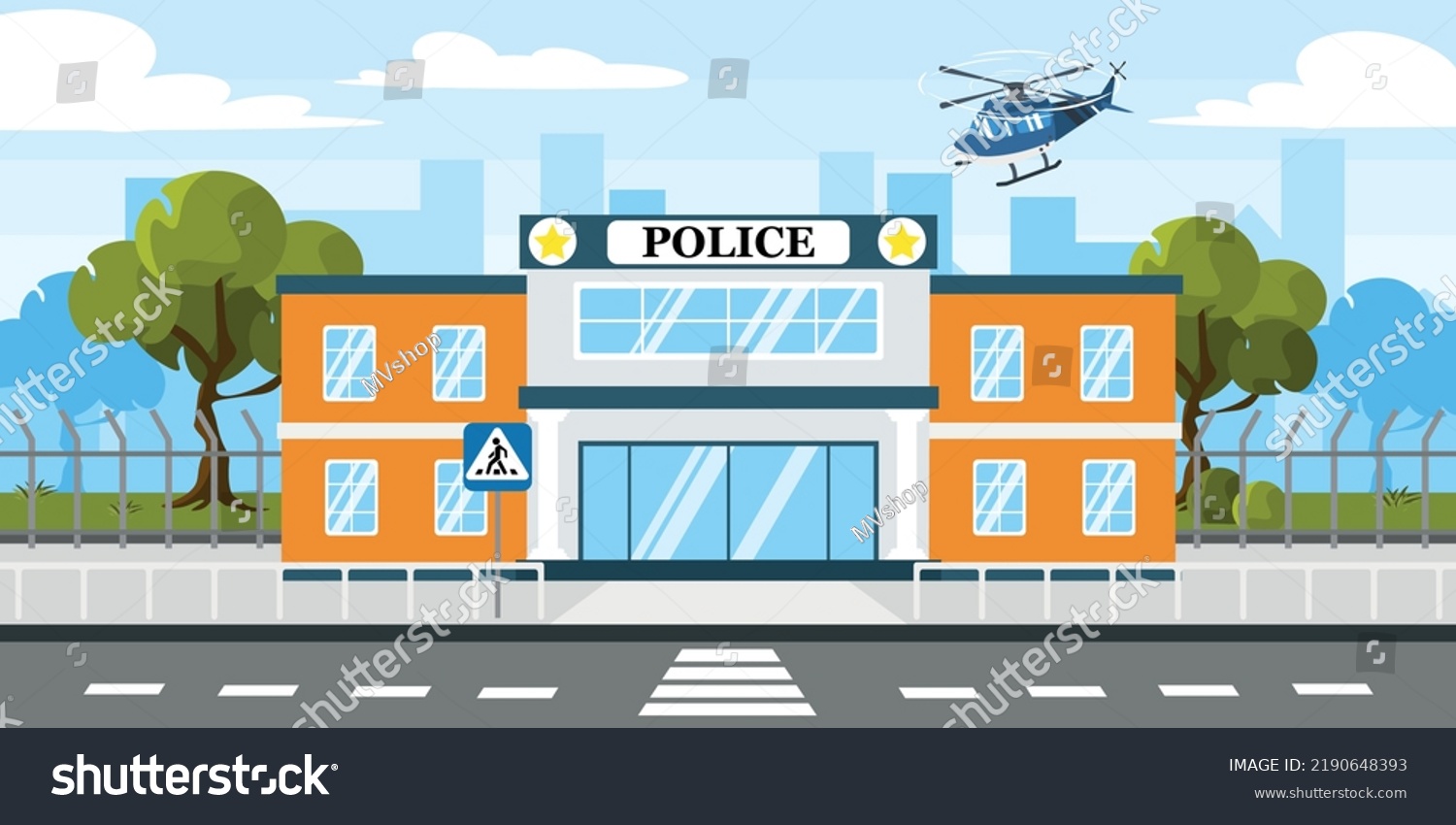 Stock Vector Vector Illustration Of Modern Police Station Cartoon Urban Buildings With Landing Helicopters 2190648393 