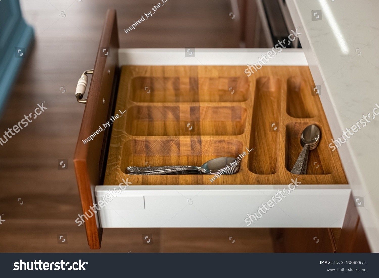 Modern Kitchen Set Cutlery Trays Kitchen Stock Photo 2190682971   Stock Photo Modern Kitchen Set Of Cutlery Trays In Kitchen Drawer Solid Oak Wood Cutlery Drawer Inserts 2190682971 