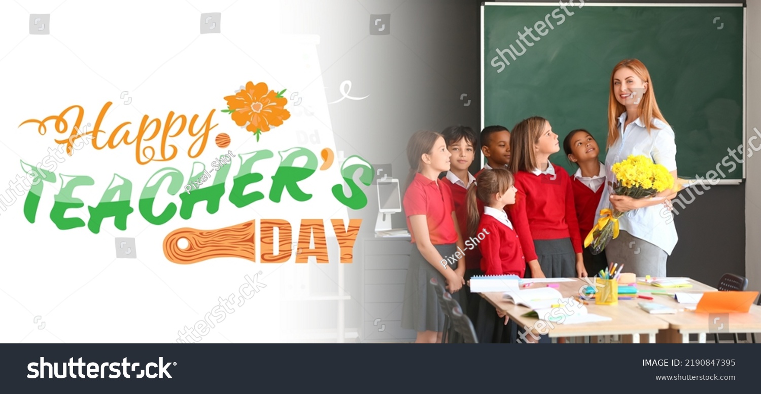 Schoolchildren Greeting Their Teacher Classroom Banner Stock Photo ...