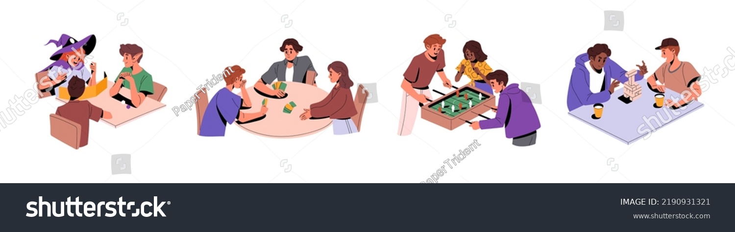 People Playing Board Games Set Happy Stock Vector (Royalty Free