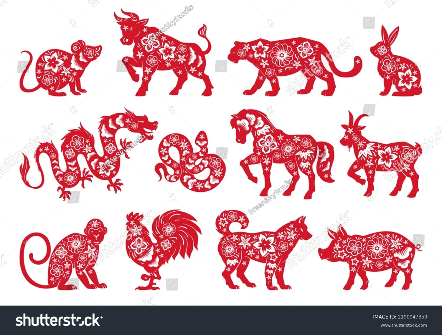 Chinese Horoscope Lunar New Year Animals Stock Illustration 2190947359