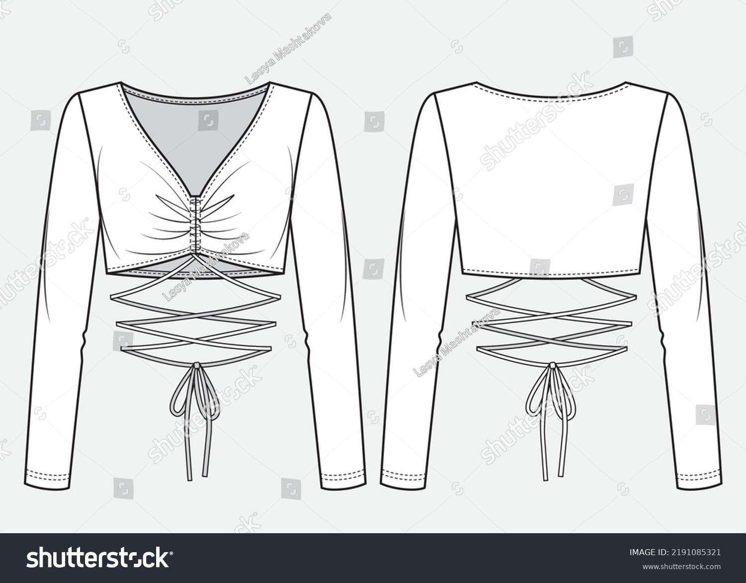 Woman Crop Top With Drawstring Detail Technical Drawing Stock Vector