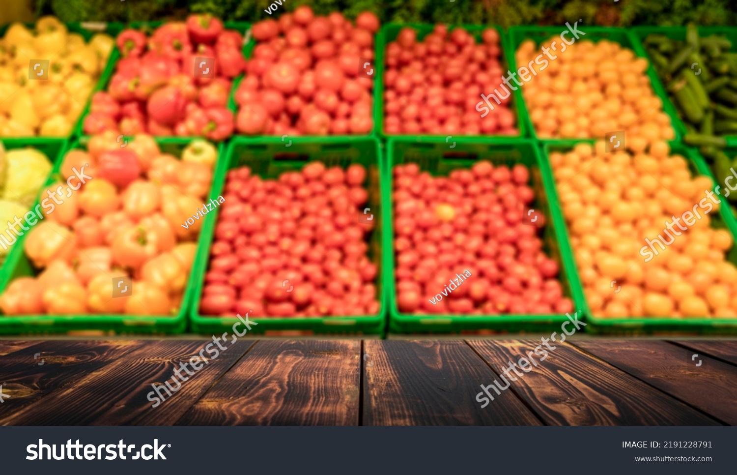 Supermarket Table Background Counter Blurred Vegetables Stock Photo