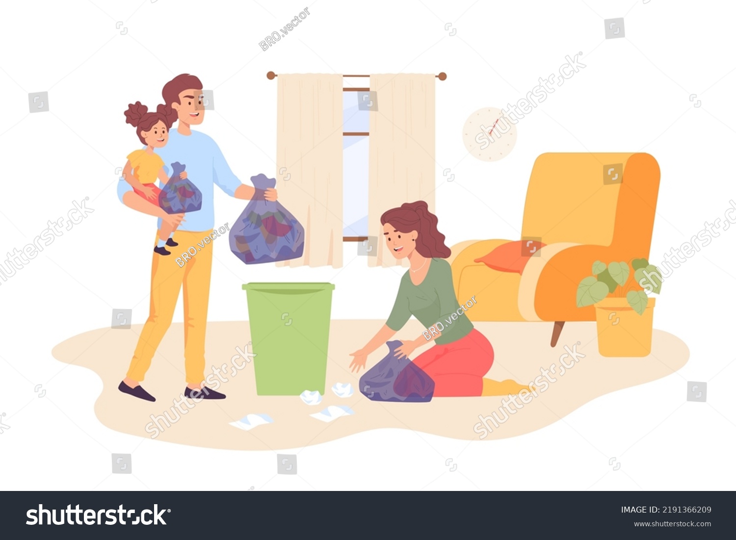 Mother Father Daughter Cleaning Apartment Together Stock Vector ...