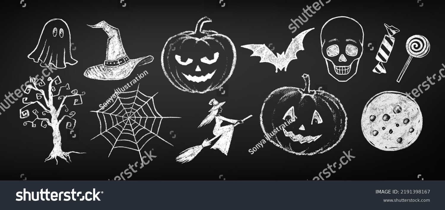 Halloween Chalk Doodles Drawings Collection On Stock Vector (Royalty