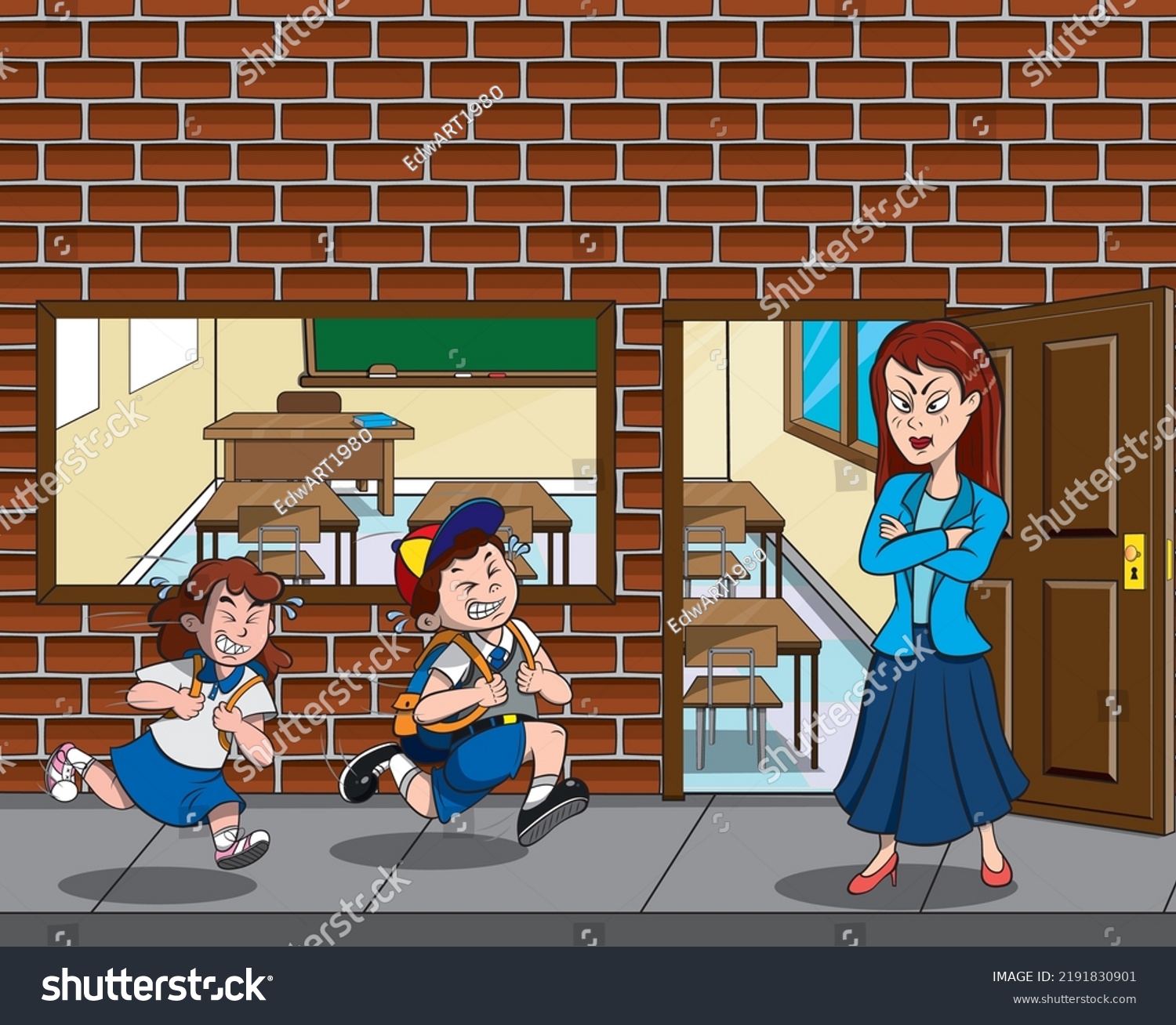 Students Arriving Late Class Teacher Waiting Stock Vector Royalty Free