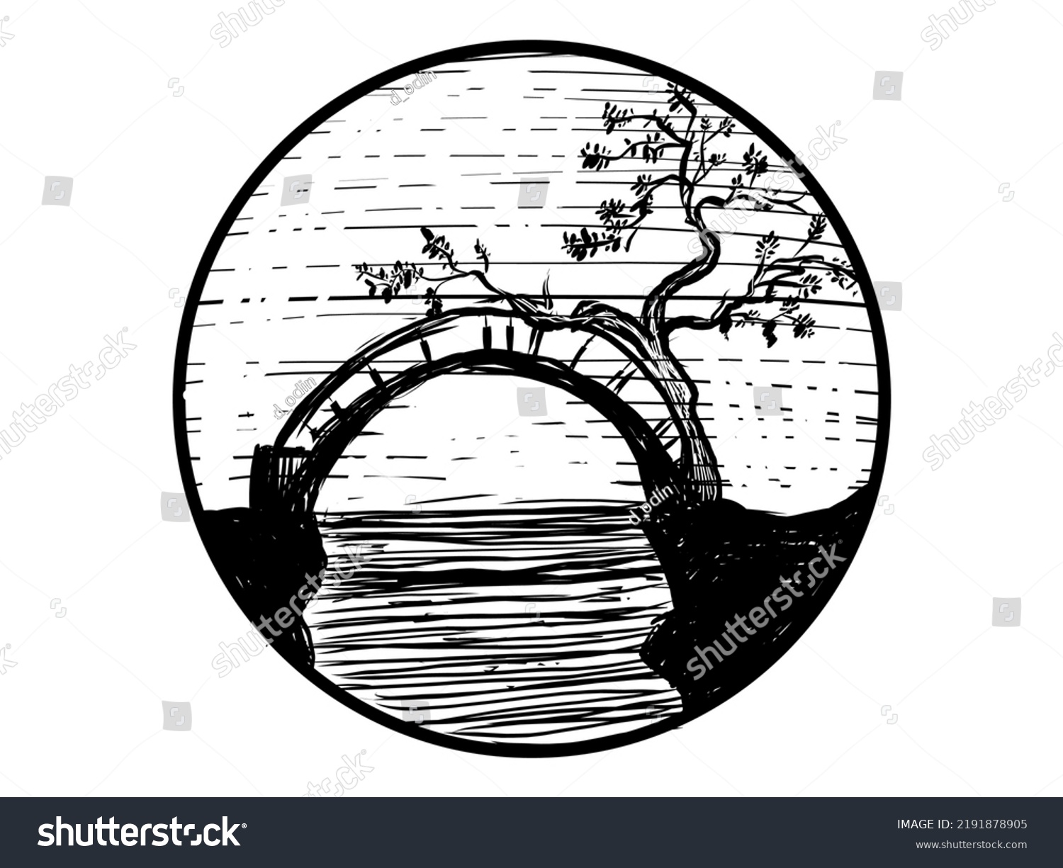 Old Bridge Tree Landscape Circle Vector Stock Vector (Royalty Free