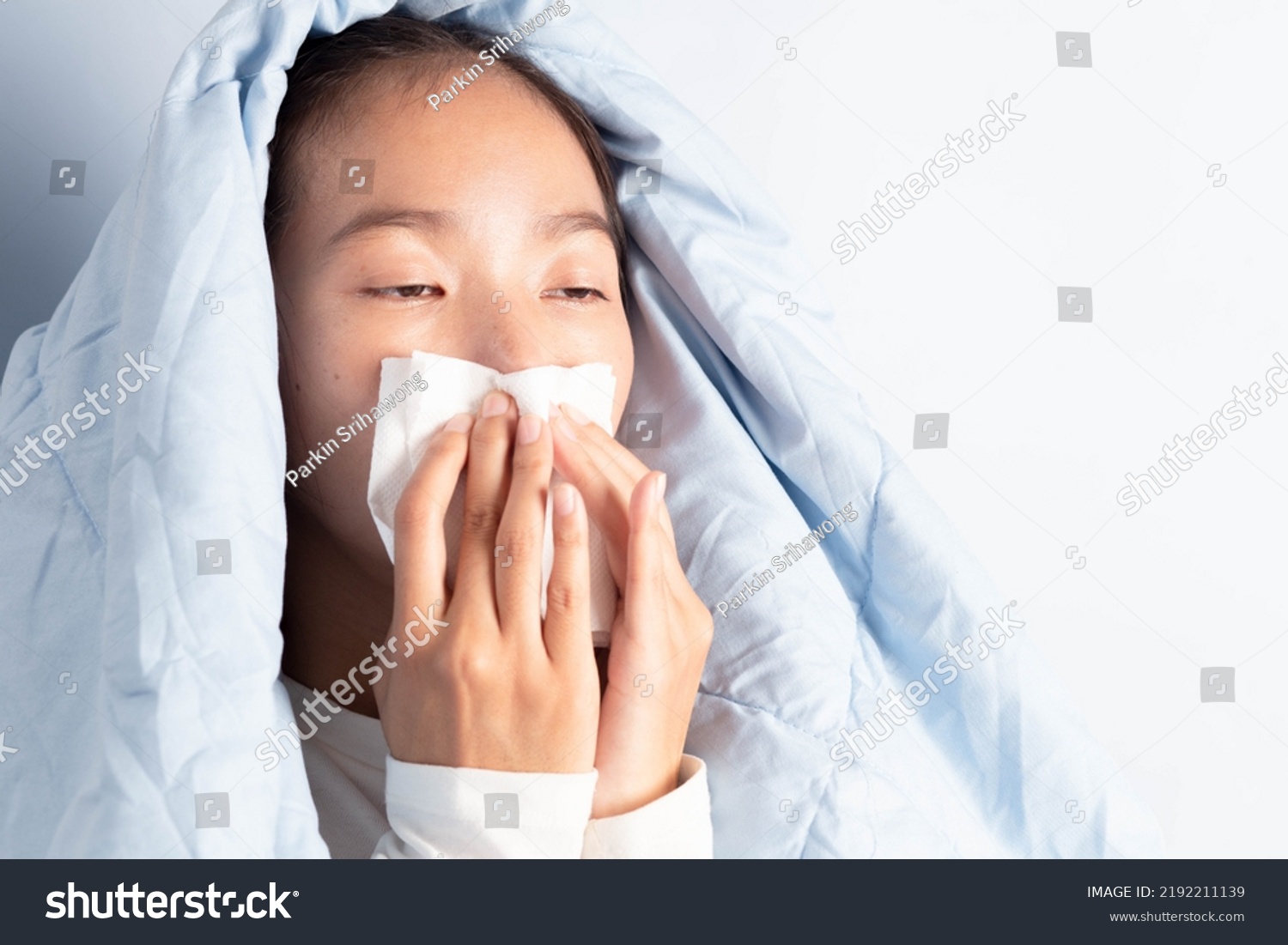 Sick Woman Covered Blankets Lying Bed Stock Photo 2192211139 Shutterstock