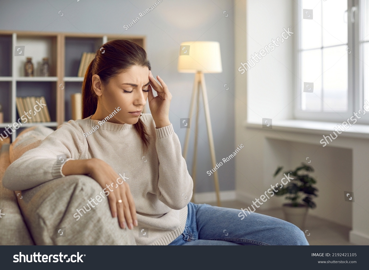 Tired Woman Having Intense Headache Stressed Stock Photo 2192421105 ...