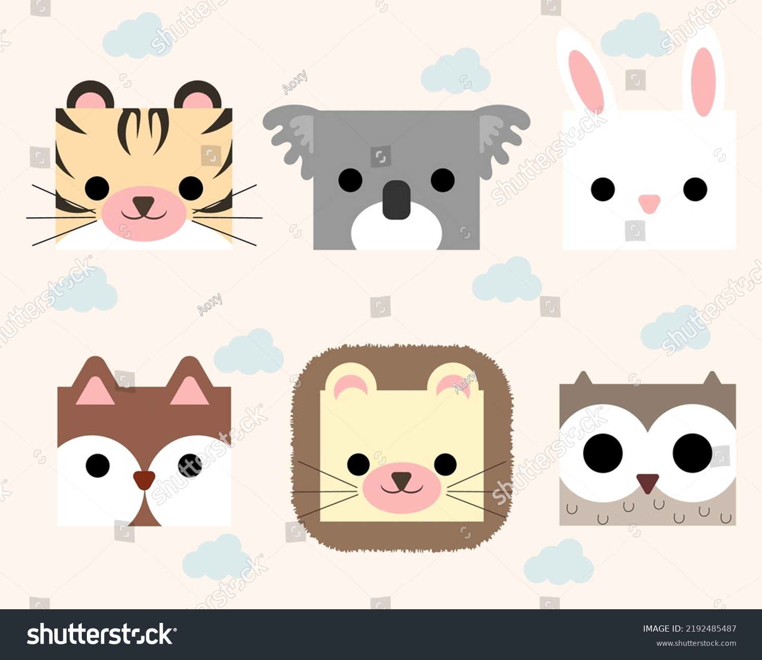 Cute Cartoon Square Animal Faces Illustration Stock Vector (Royalty ...