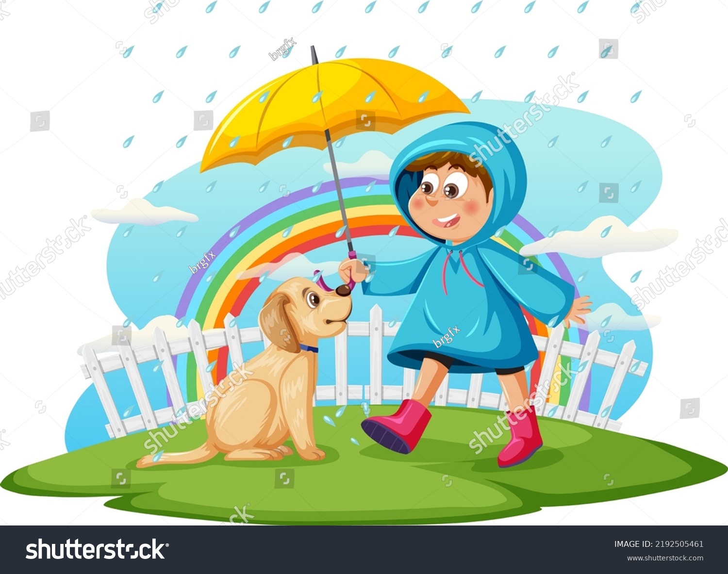 Rainy Day Boy Raincoat Dog Illustration Stock Vector Royalty Free