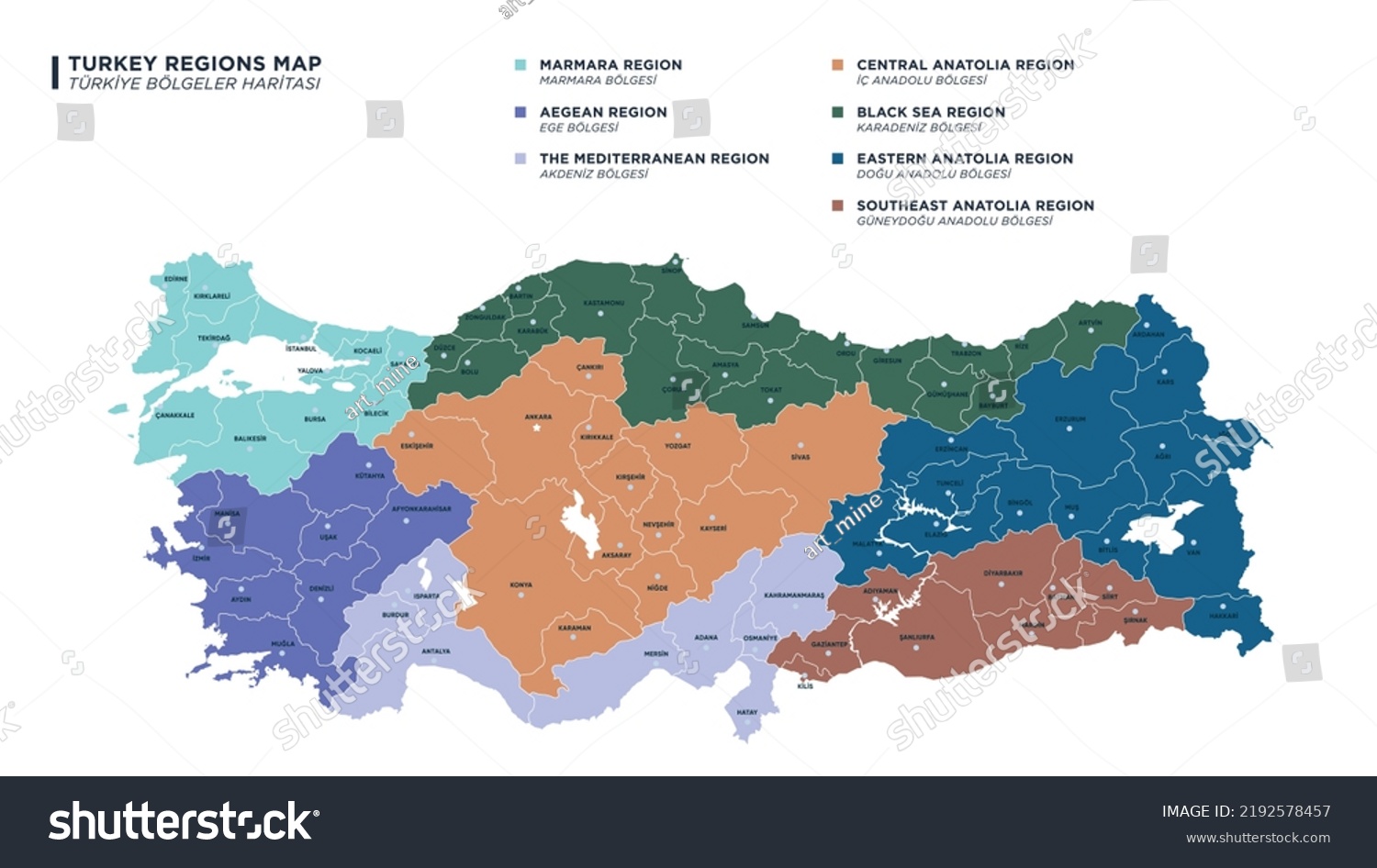 Detailed Drawn Turkey Map Seven Geographical Stock Vector Royalty Free Stock Vector Detailed Drawn Turkey Map With Seven Geographical Regions Vector Illustration 2192578457