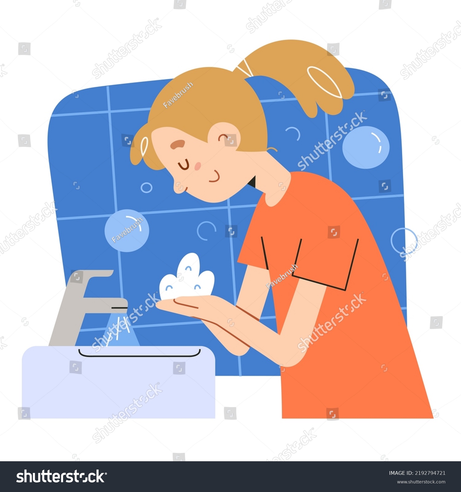 Cute Smiling Young Girl Washes Her Stock Vector (Royalty Free ...