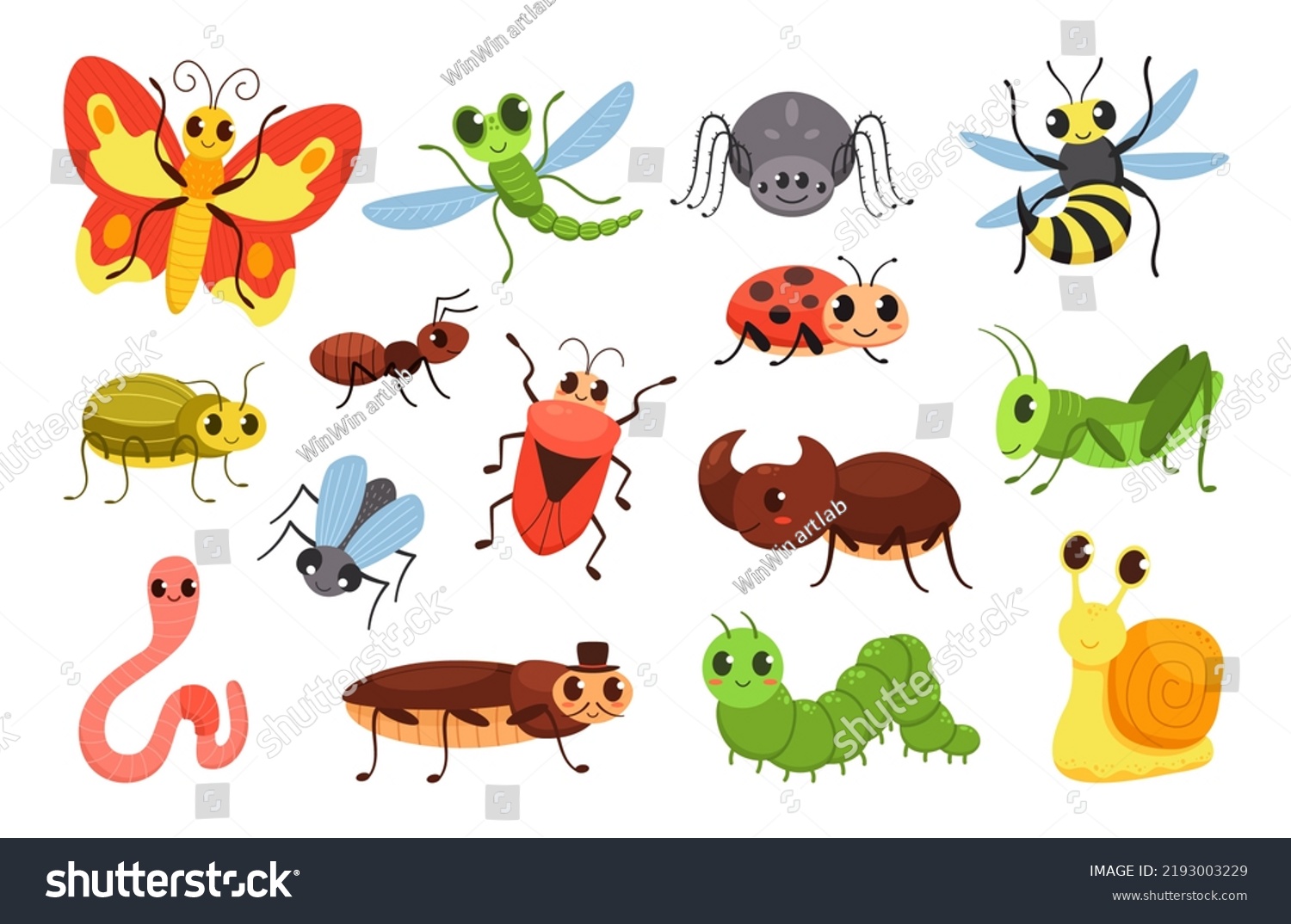 Cartoon Insects Happy Bugs Cute Little Stock Illustration 2193003229 ...