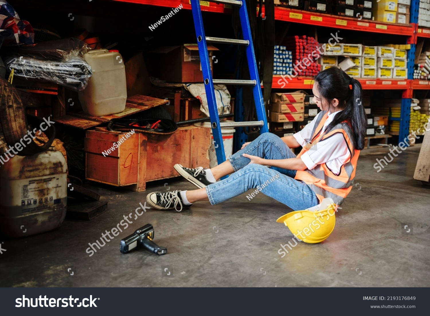 Female Warehouse Worker Has Accident Falling Stock Photo 2193176849 ...