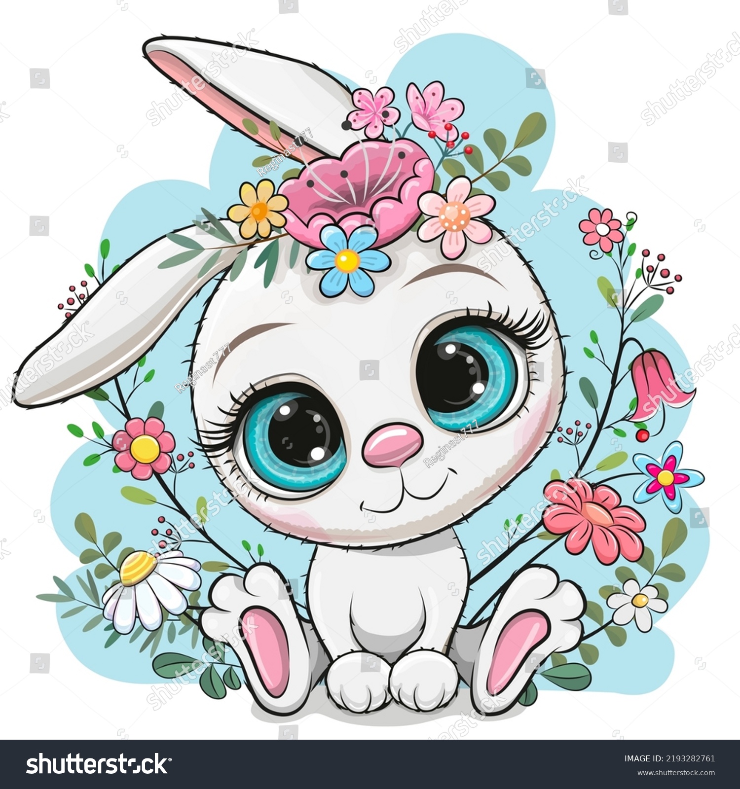 Cute Cartoon White Rabbit Flowers Branches Stock Vector (Royalty Free ...