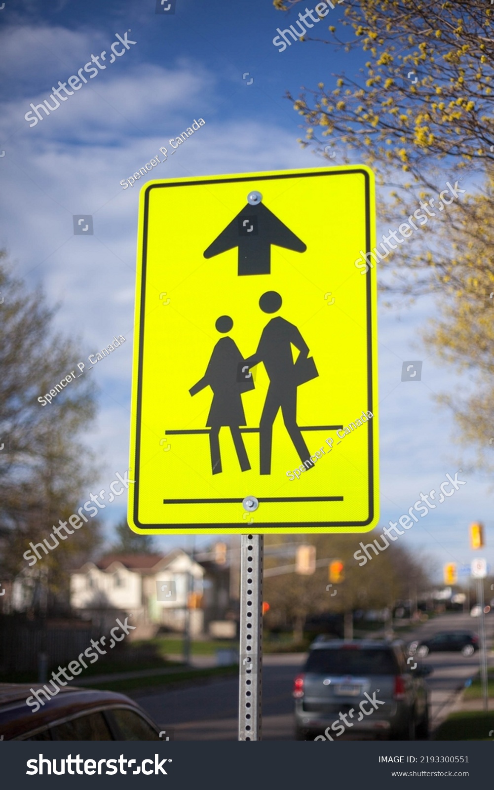 Flourescent School Zone Ahead Sign Blurred Stock Photo 2193300551 ...