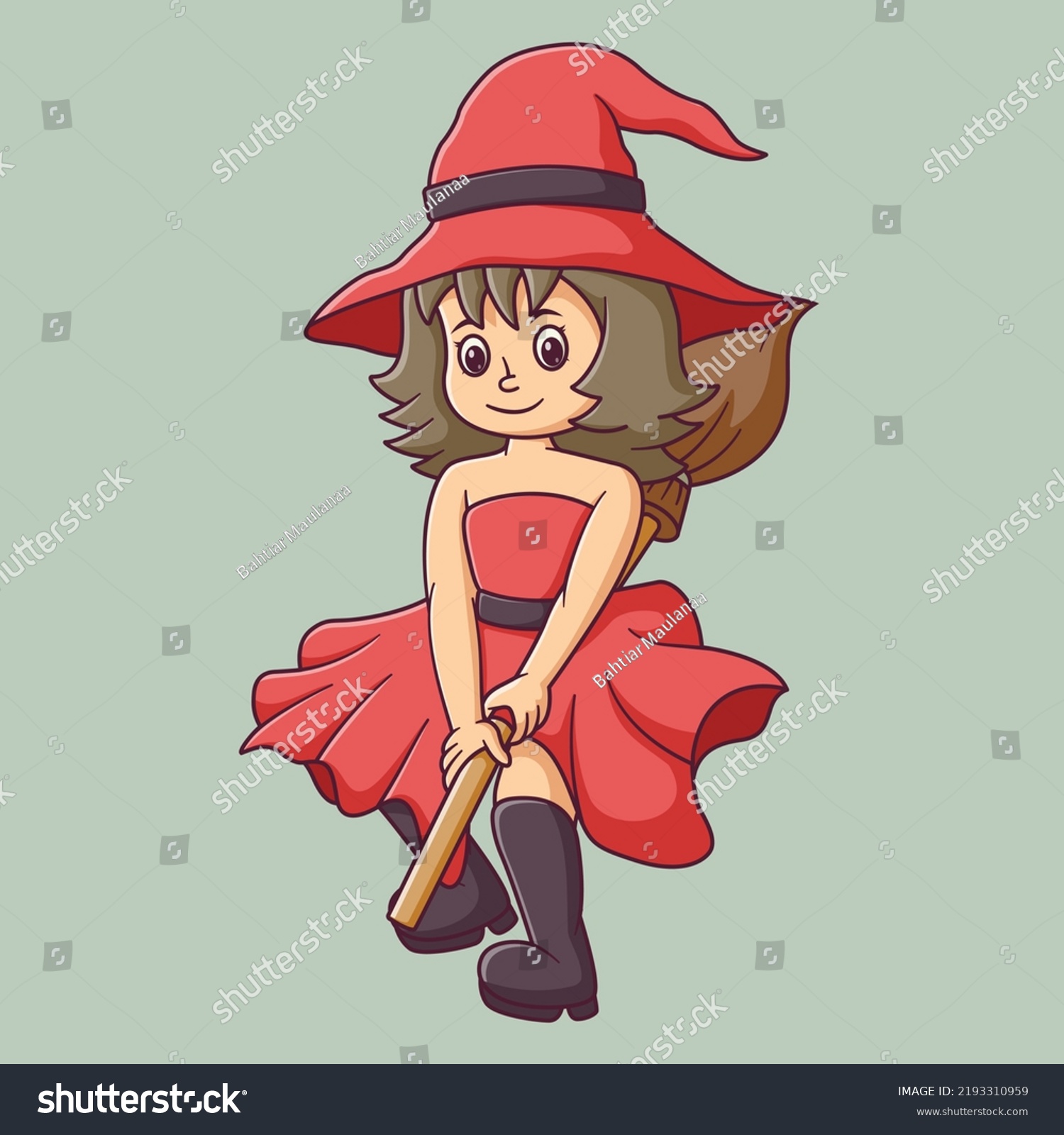Cartoon Flying Red Witch Riding Broom Stock Vector Royalty Free 2193310959 Shutterstock 