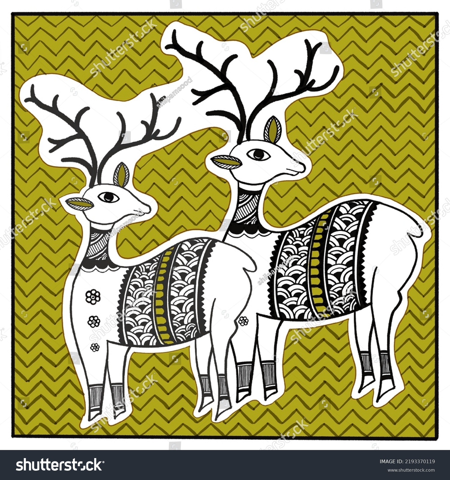 Madhubani Motif Reindeer Hand Painting Stock Illustration 2193370119 