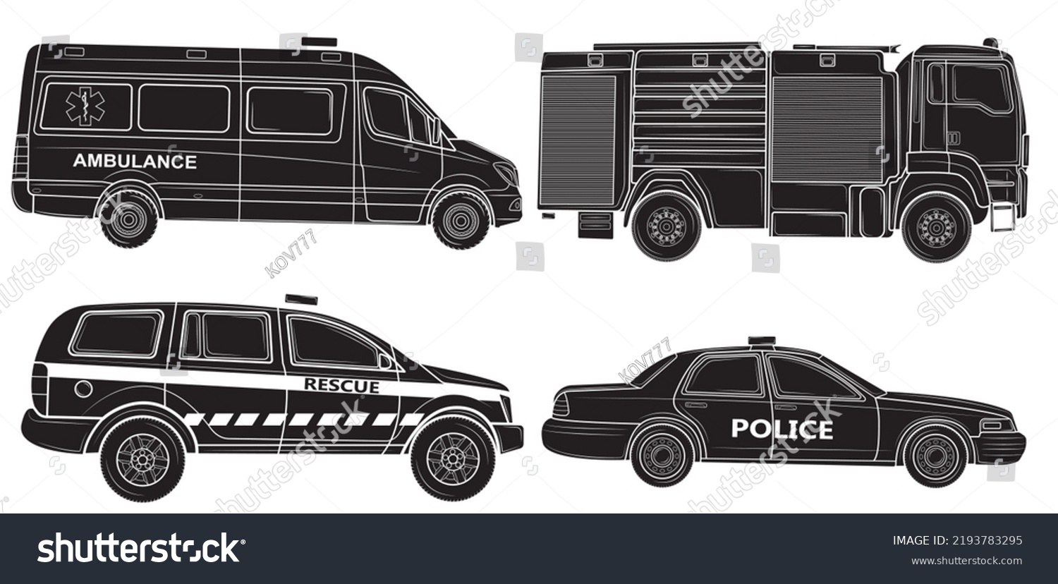 Black Silhouette Set Vehicles Various Emergency Stock Vector (Royalty ...